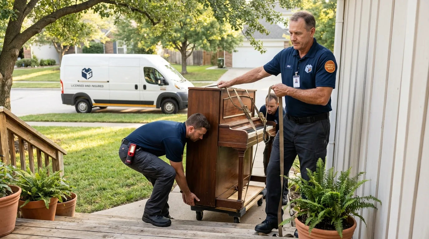 Licensed piano movers securing grand piano in Myersville, MD