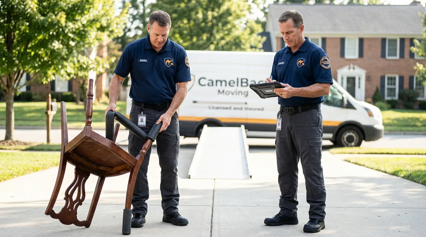 Movers inspecting furniture for damage prevention before loading in Myersville, MD