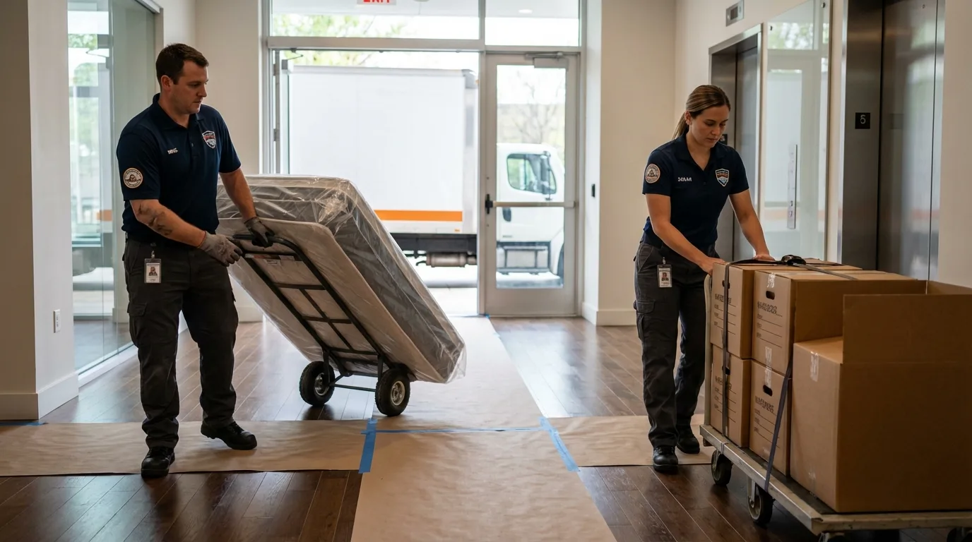 Professional apartment movers loading elevator in Myersville, MD