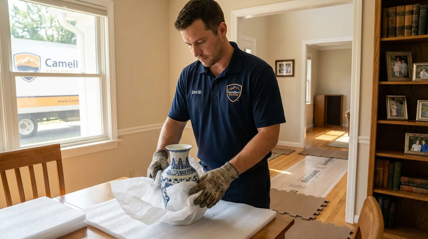 Professional crew carefully wrapping antique vase for senior downsizing move in Myersville, MD